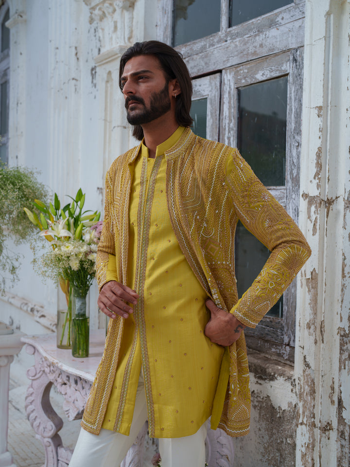 Lime Green Hand Embroidered Open Jacket Set