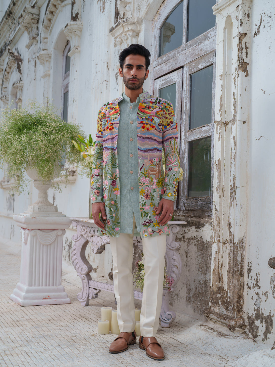 Multicolour Hand Embroidered Open Jacket Set