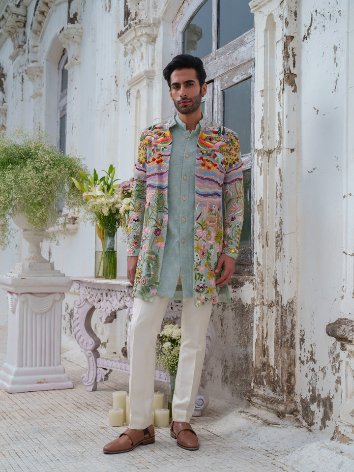 Multicolour Hand Embroidered Open Jacket Set