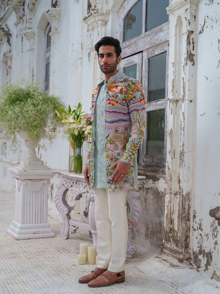 Multicolour Hand Embroidered Open Jacket Set