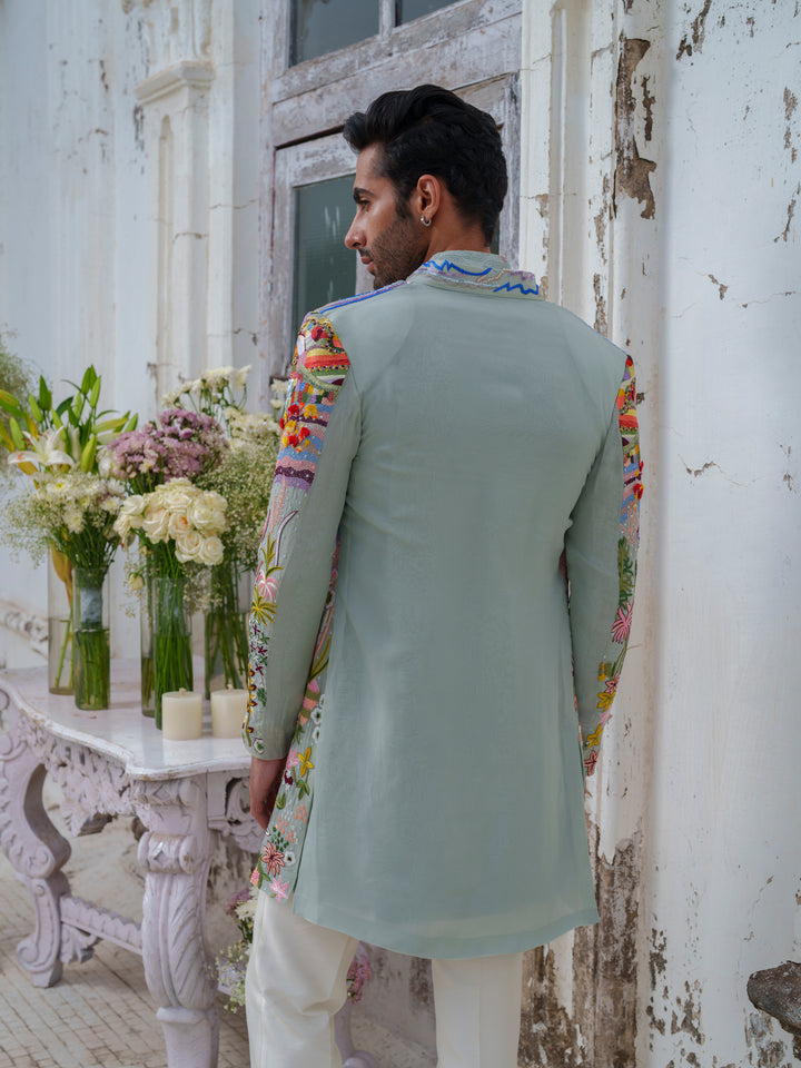 Multicolour Hand Embroidered Open Jacket Set