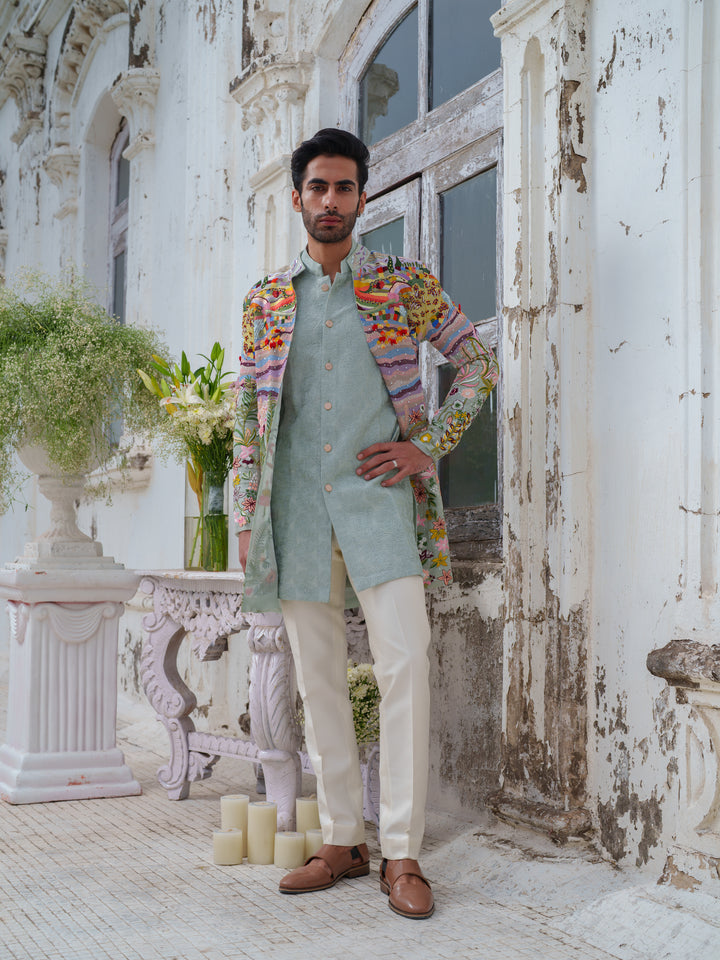 Multicolour Hand Embroidered Open Jacket Set