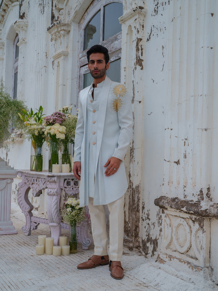 Powder Blue Embroidered Cape Kurta Set