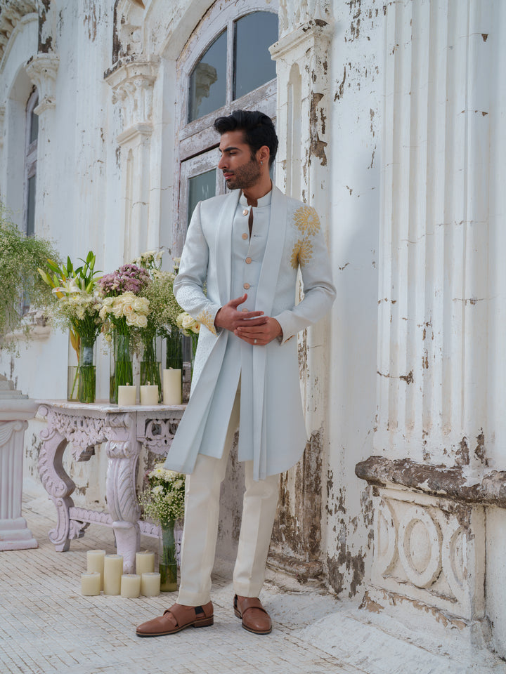 Powder Blue Embroidered Cape Kurta Set