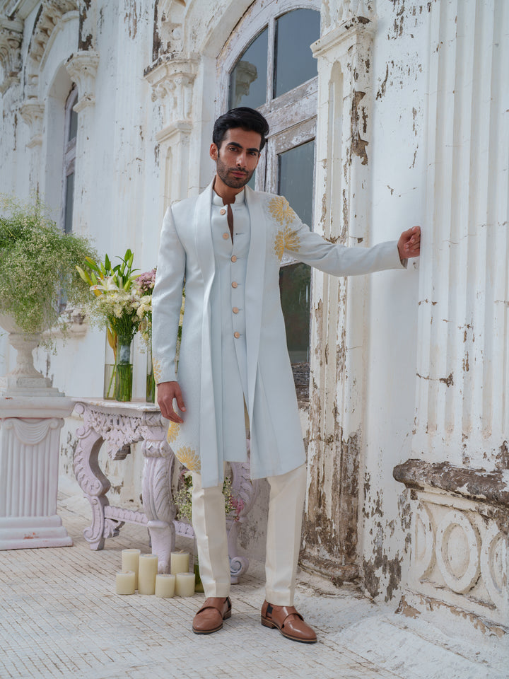 Powder Blue Embroidered Cape Kurta Set