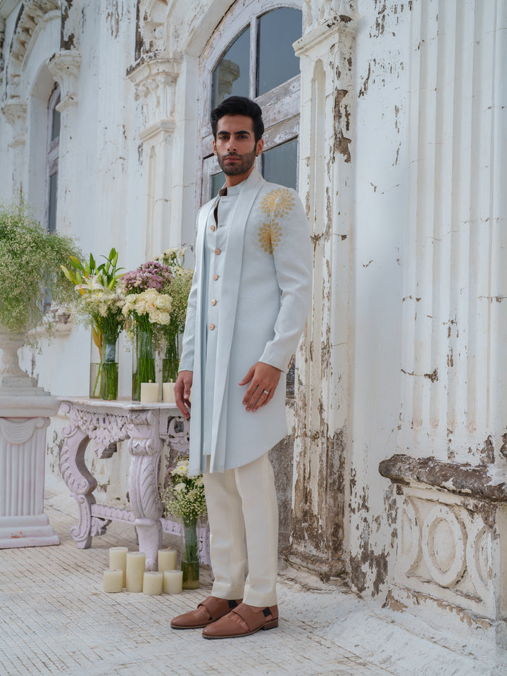 Powder Blue Embroidered Cape Kurta Set