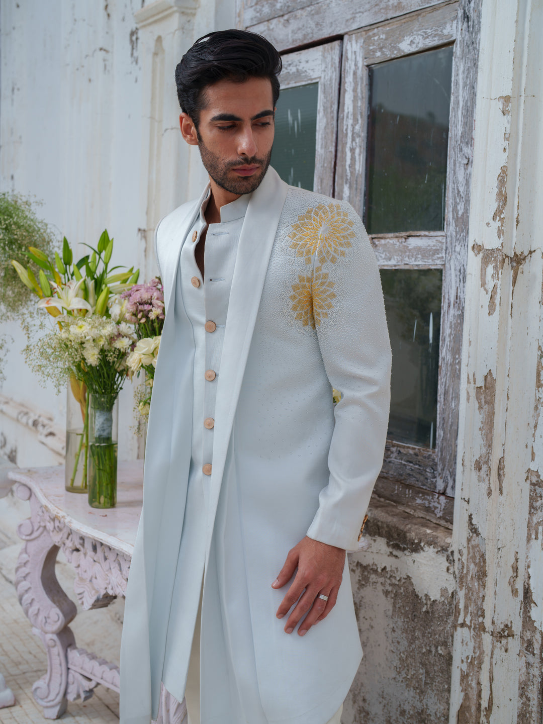 Powder Blue Embroidered Cape Kurta Set