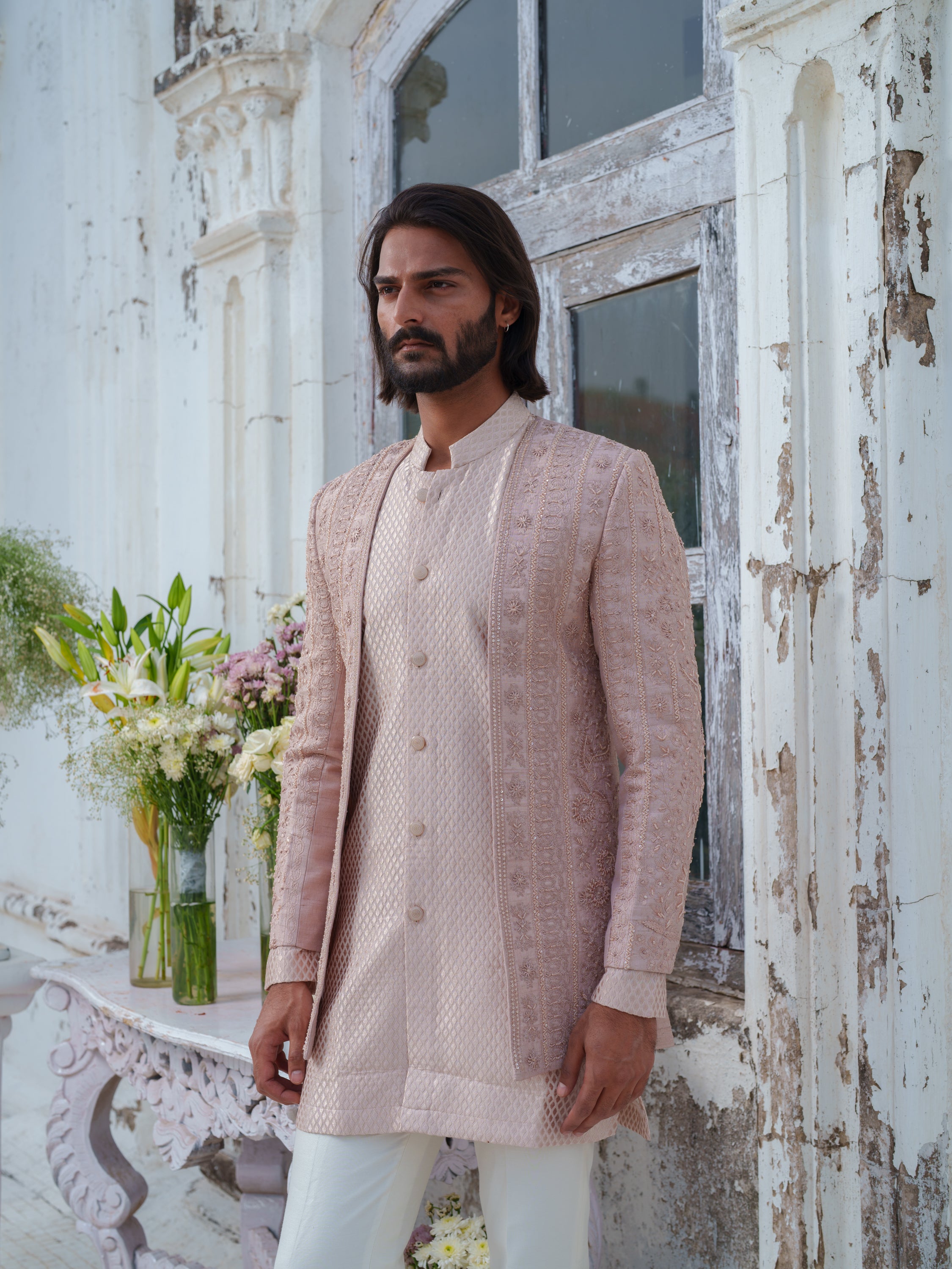 Rose Gold Embroidered Open Jacket Set – Amrit Dawani