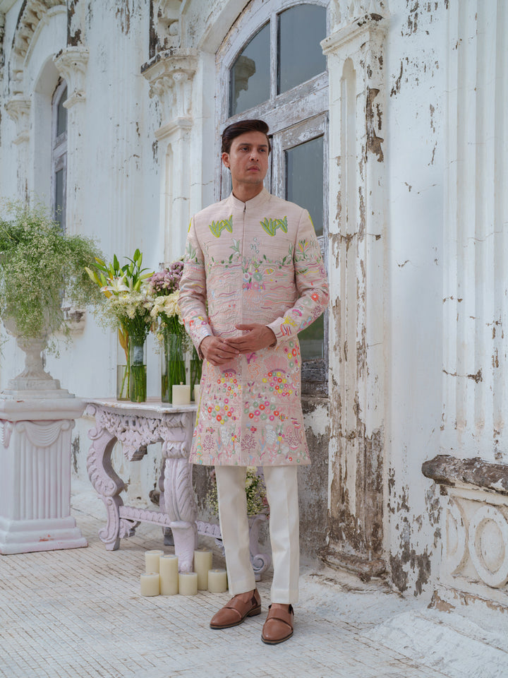 Beige Gold Hand Embroidered Sherwani Set