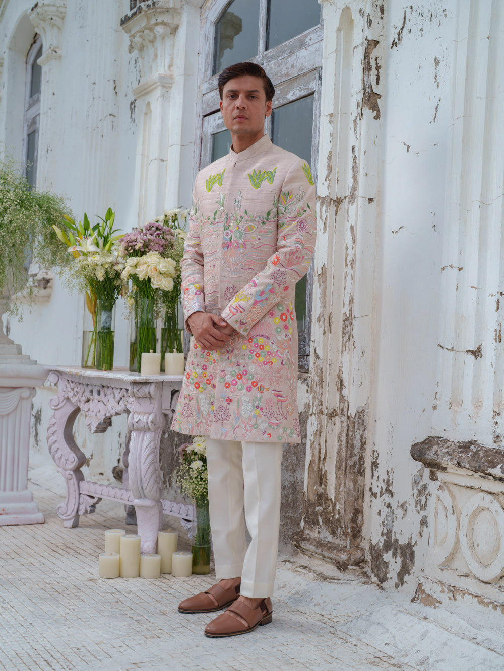 Beige Gold Hand Embroidered Sherwani Set