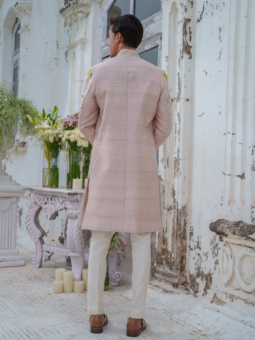 Beige Gold Hand Embroidered Sherwani Set