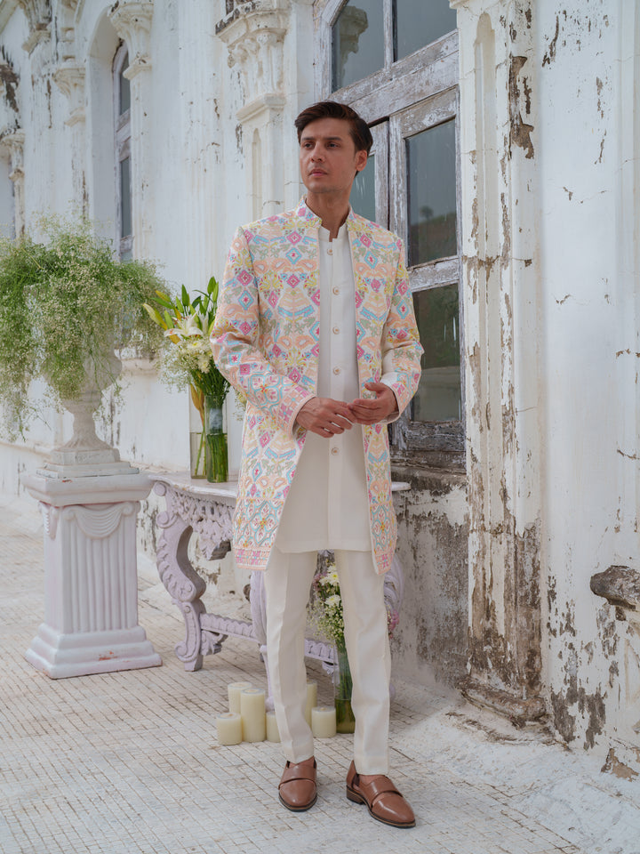 Multicolour Hand Embroidered Open Jacket Set