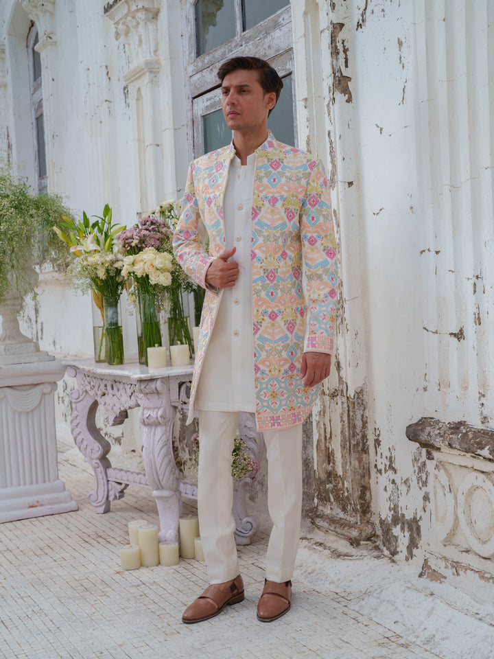 Multicolour Hand Embroidered Open Jacket Set