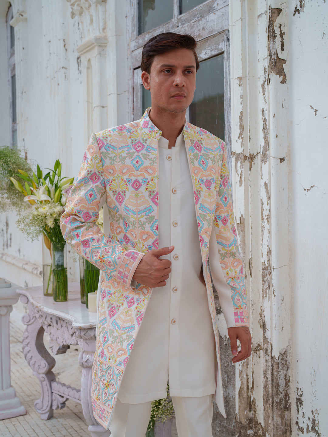 Multicolour Hand Embroidered Open Jacket Set