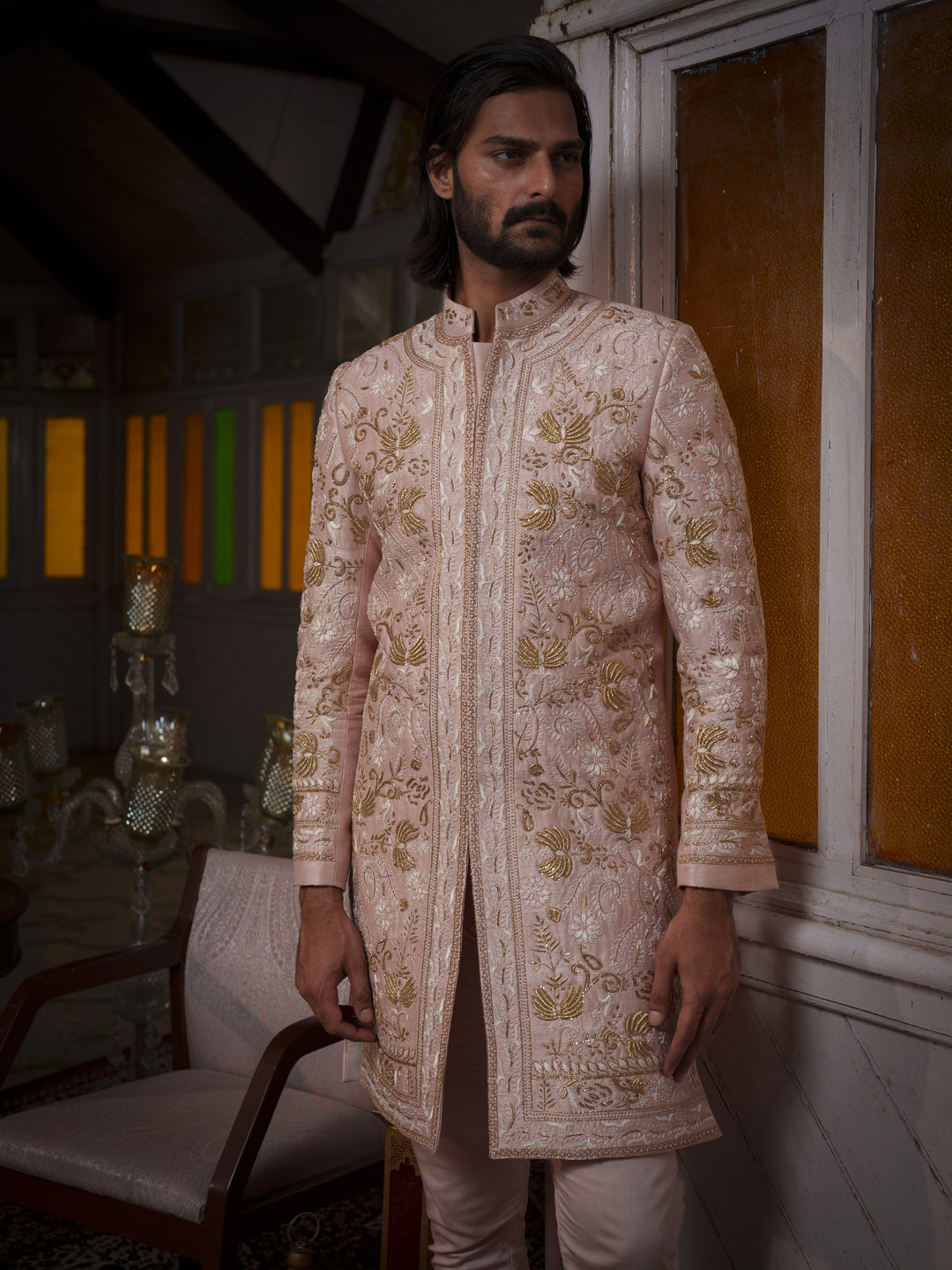 Rose Gold Hand Embroidered Sherwani Set