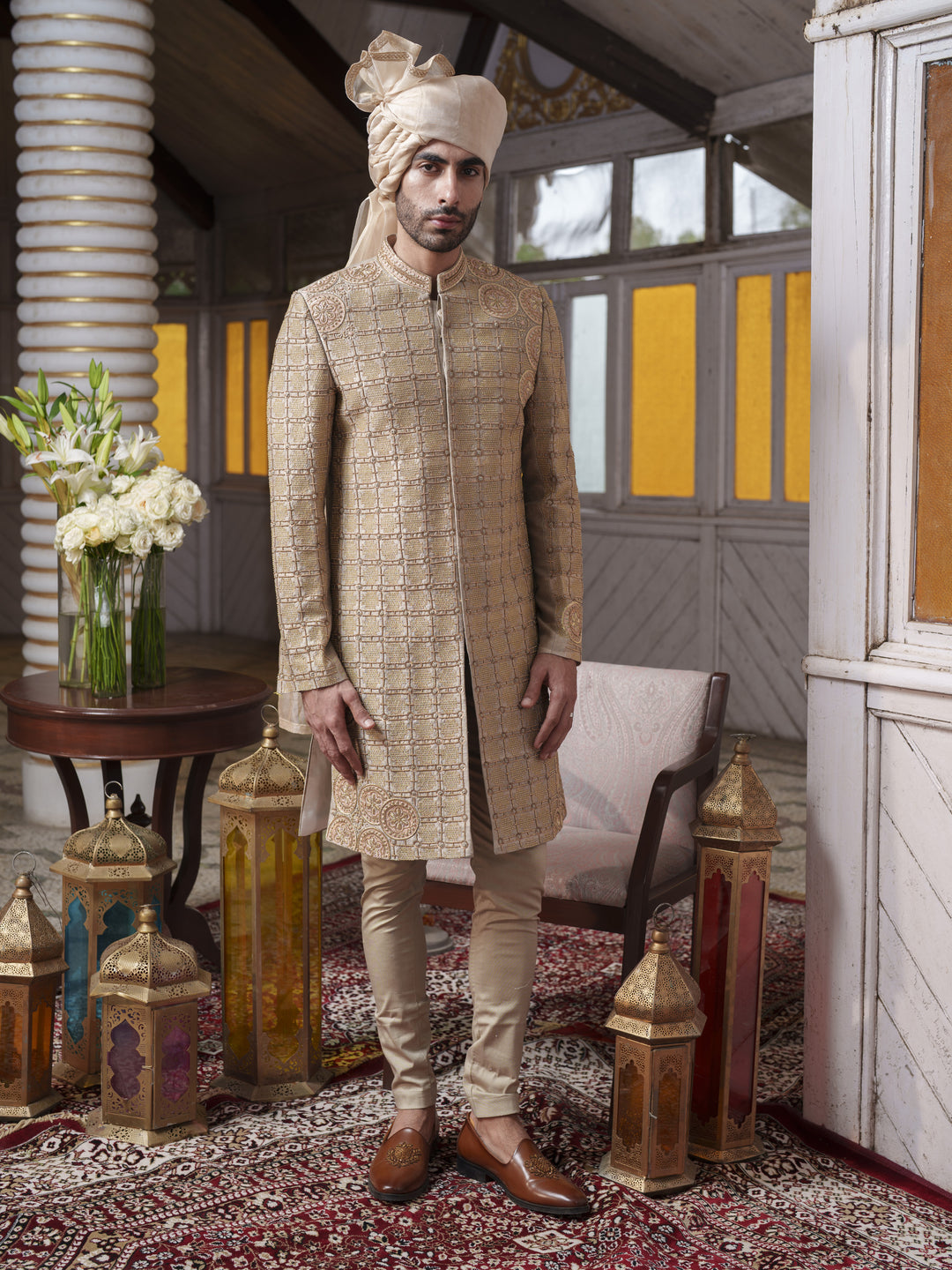 Olive Green Hand Embroidered Sherwani Set