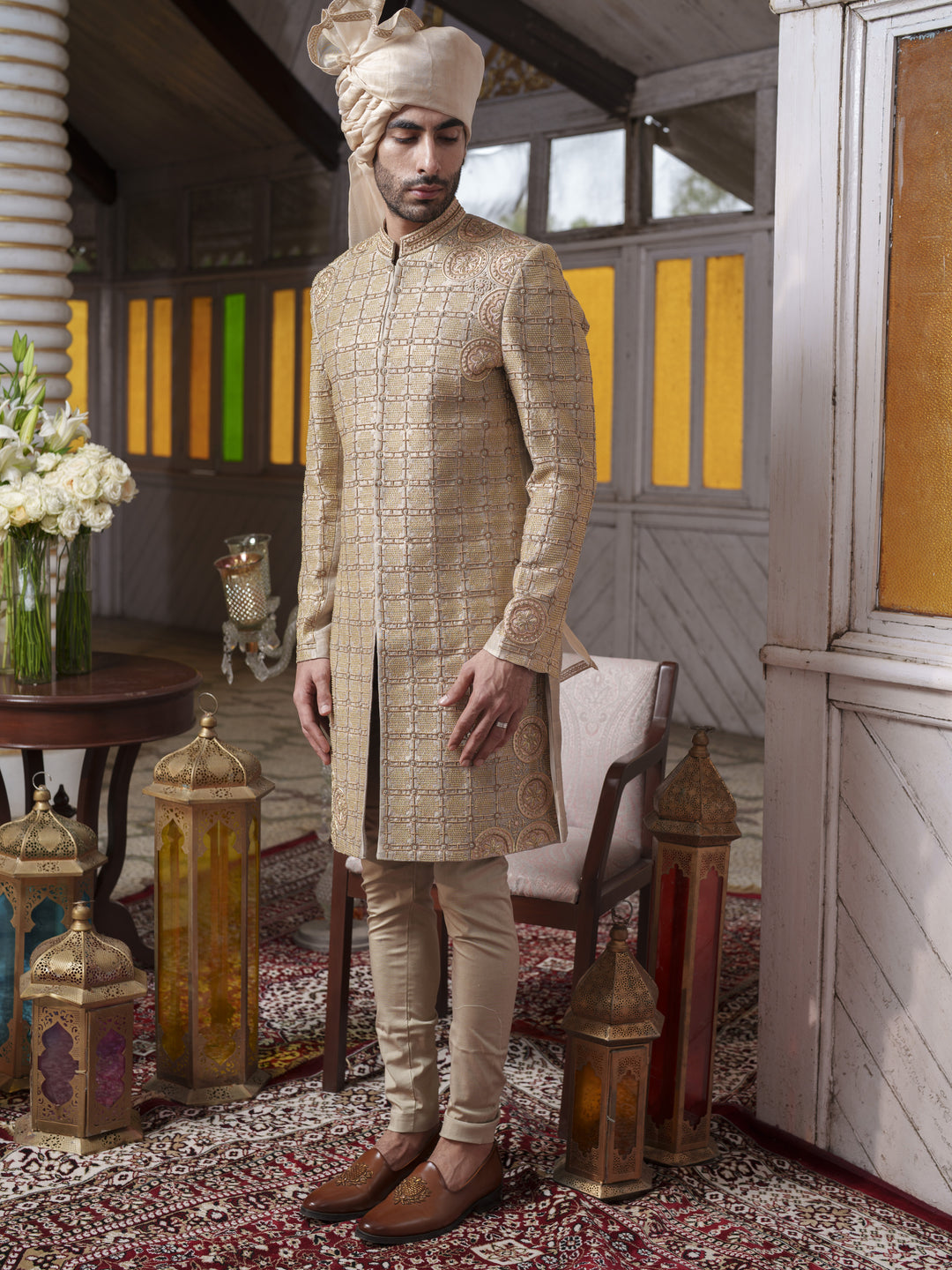 Olive Green Hand Embroidered Sherwani Set