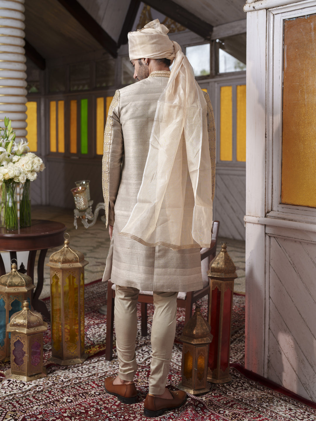 Olive Green Hand Embroidered Sherwani Set