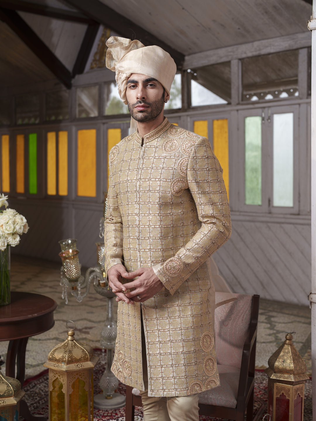 Olive Green Hand Embroidered Sherwani Set