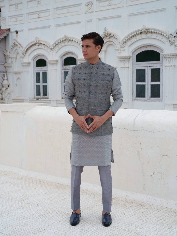 Grey Hand Embroidered Bundi Jacket Set