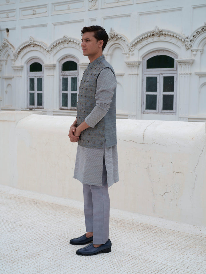 Grey Hand Embroidered Bundi Jacket Set