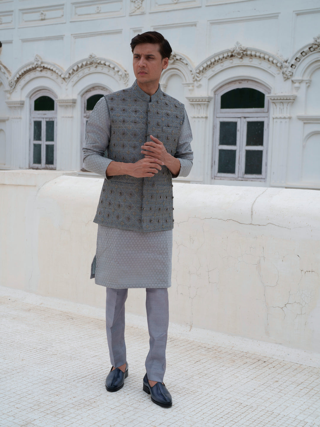 Grey Hand Embroidered Bundi Jacket Set