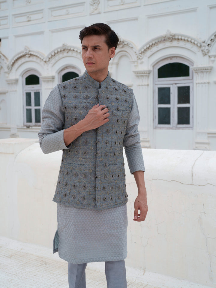 Grey Hand Embroidered Bundi Jacket Set