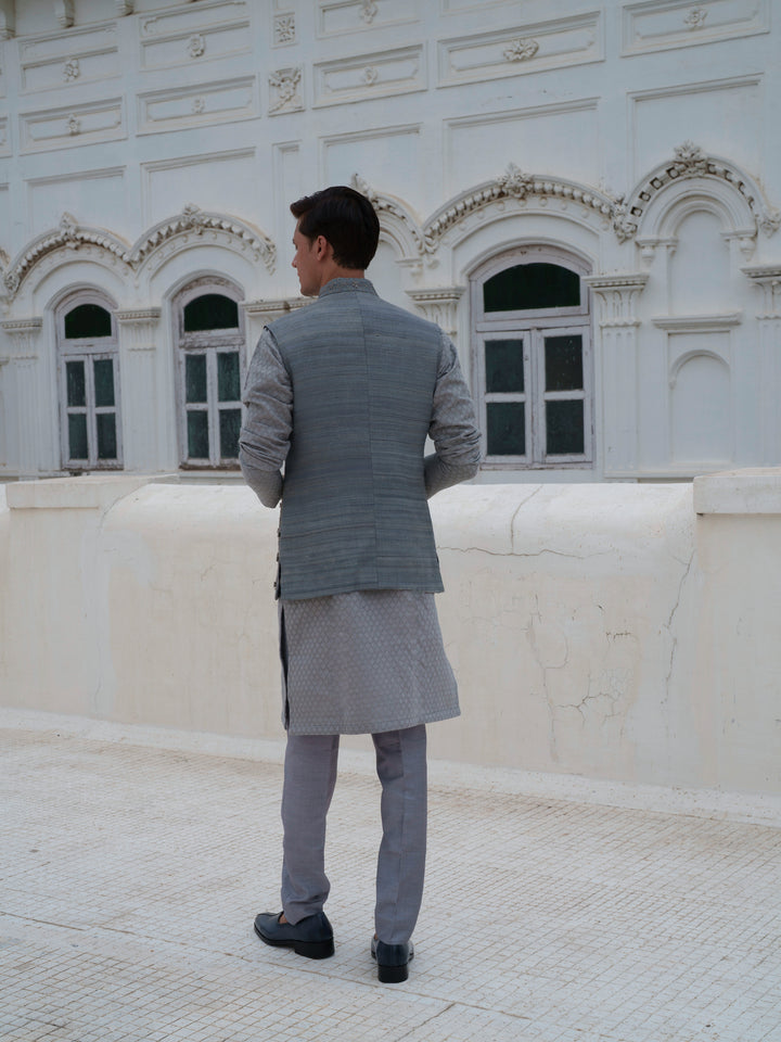 Grey Hand Embroidered Bundi Jacket Set