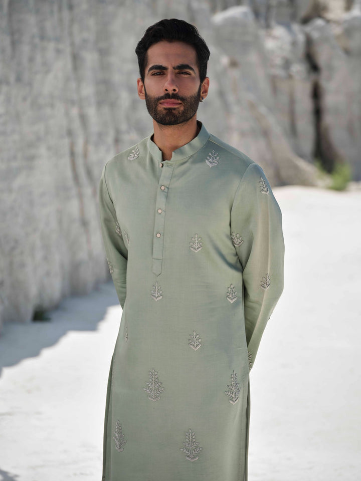 Emerald  - Monotone Floral French Knotted Kurta Set