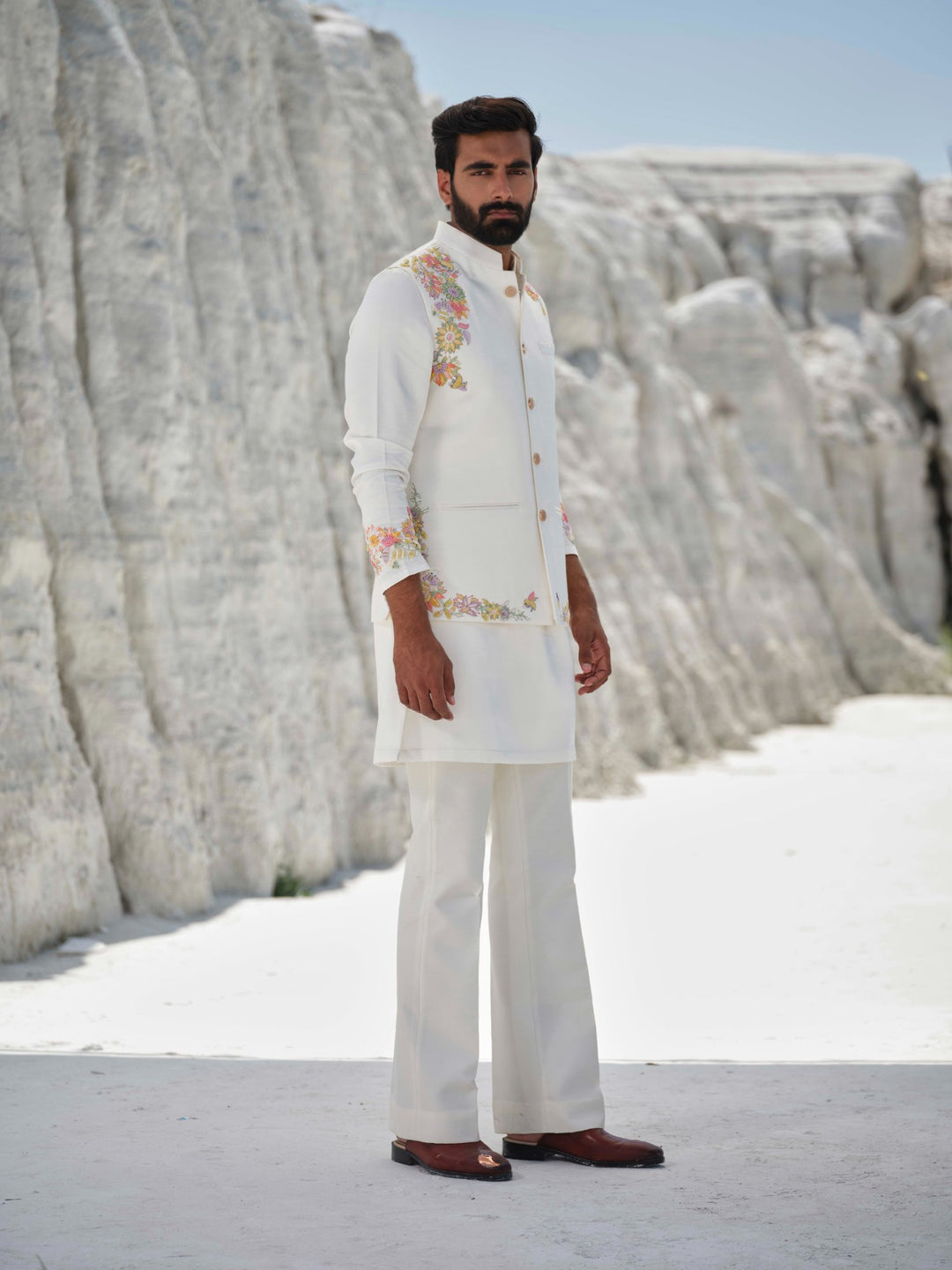 Ethereal Elegance - Ivory Floral Bundi Jacket Set