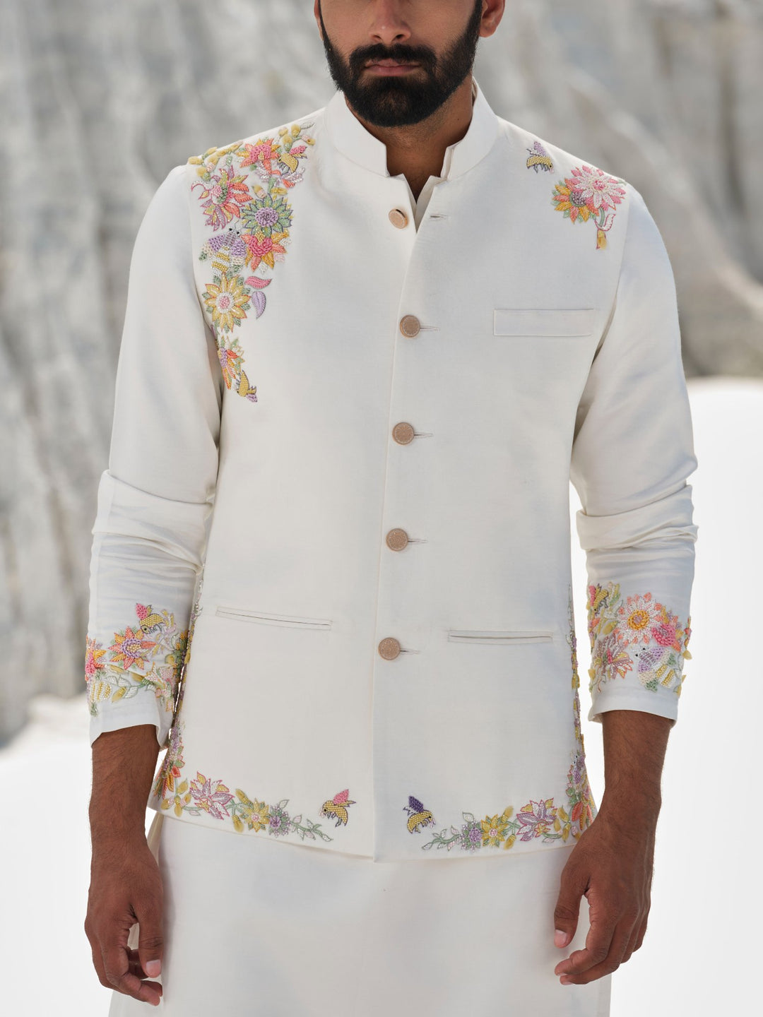 Ethereal Elegance - Ivory Floral Bundi Jacket Set