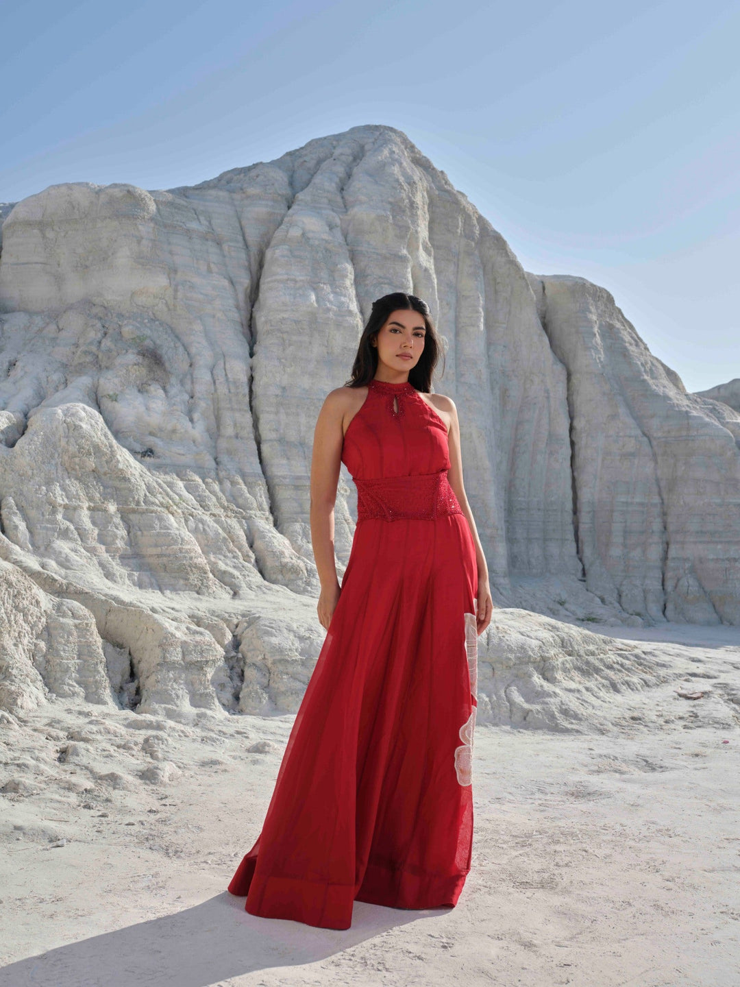 Scarlet Bloom - Red Halter Gown With Embellished Corset Belt