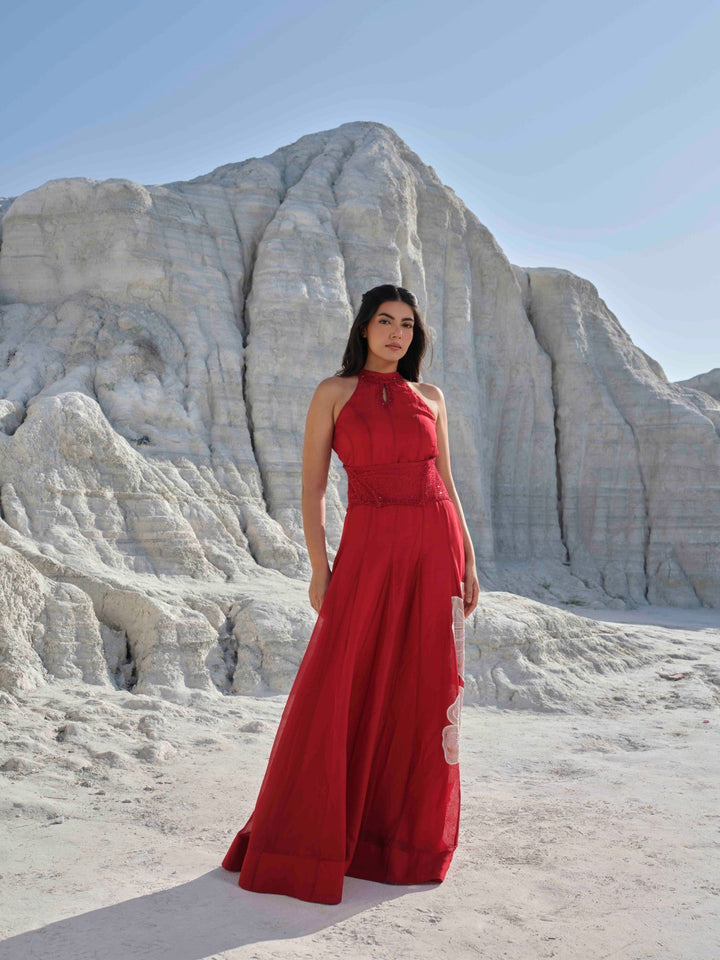 Scarlet Bloom - Red Halter Gown With Embellished Corset Belt