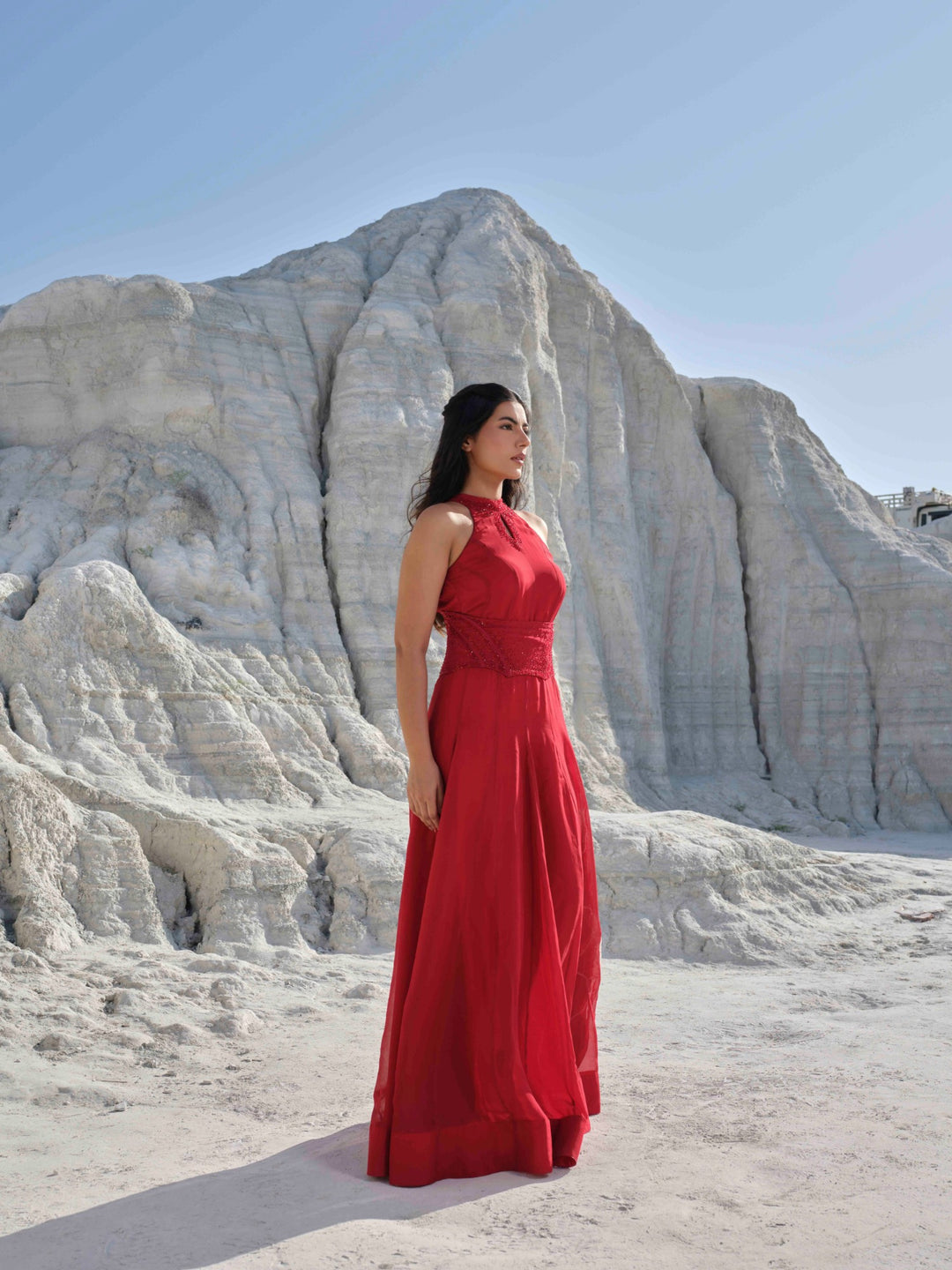 Scarlet Bloom - Red Halter Gown With Embellished Corset Belt