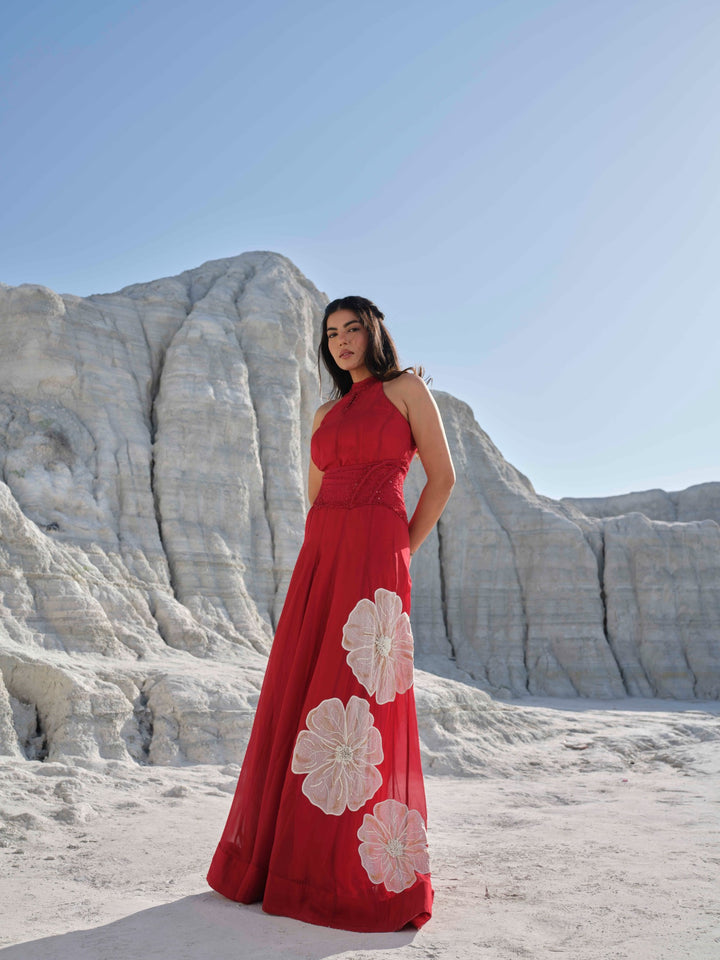 Scarlet Bloom - Red Halter Gown With Embellished Corset Belt