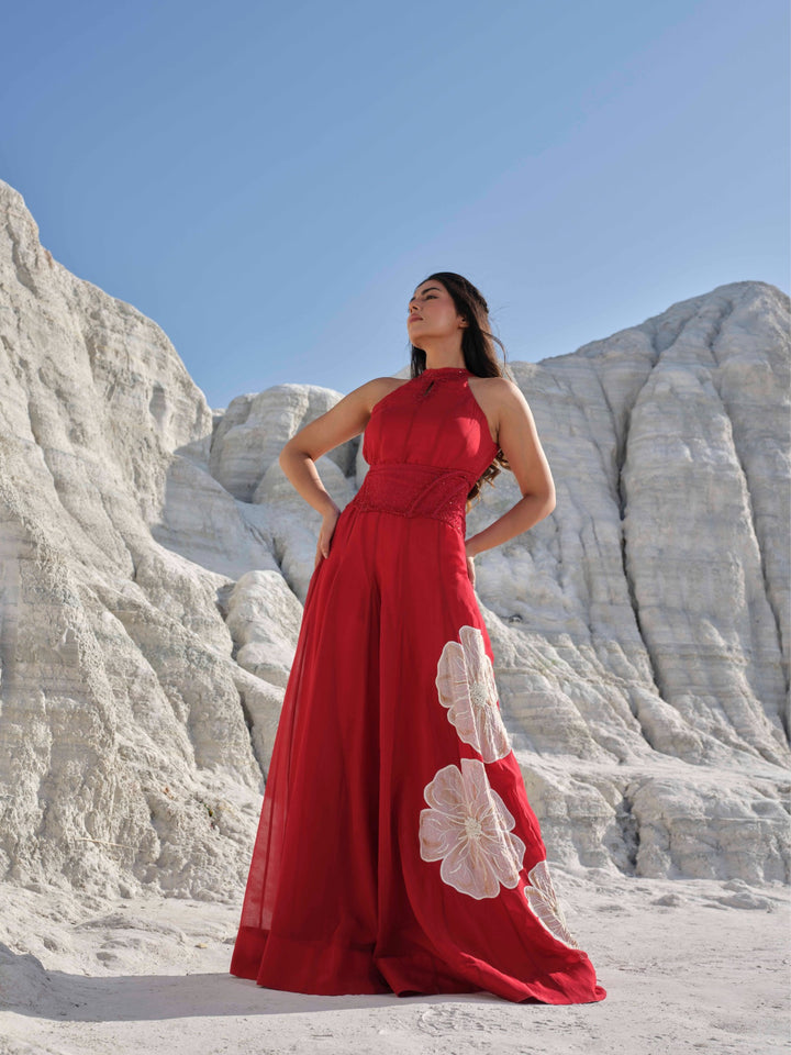 Scarlet Bloom - Red Halter Gown With Embellished Corset Belt