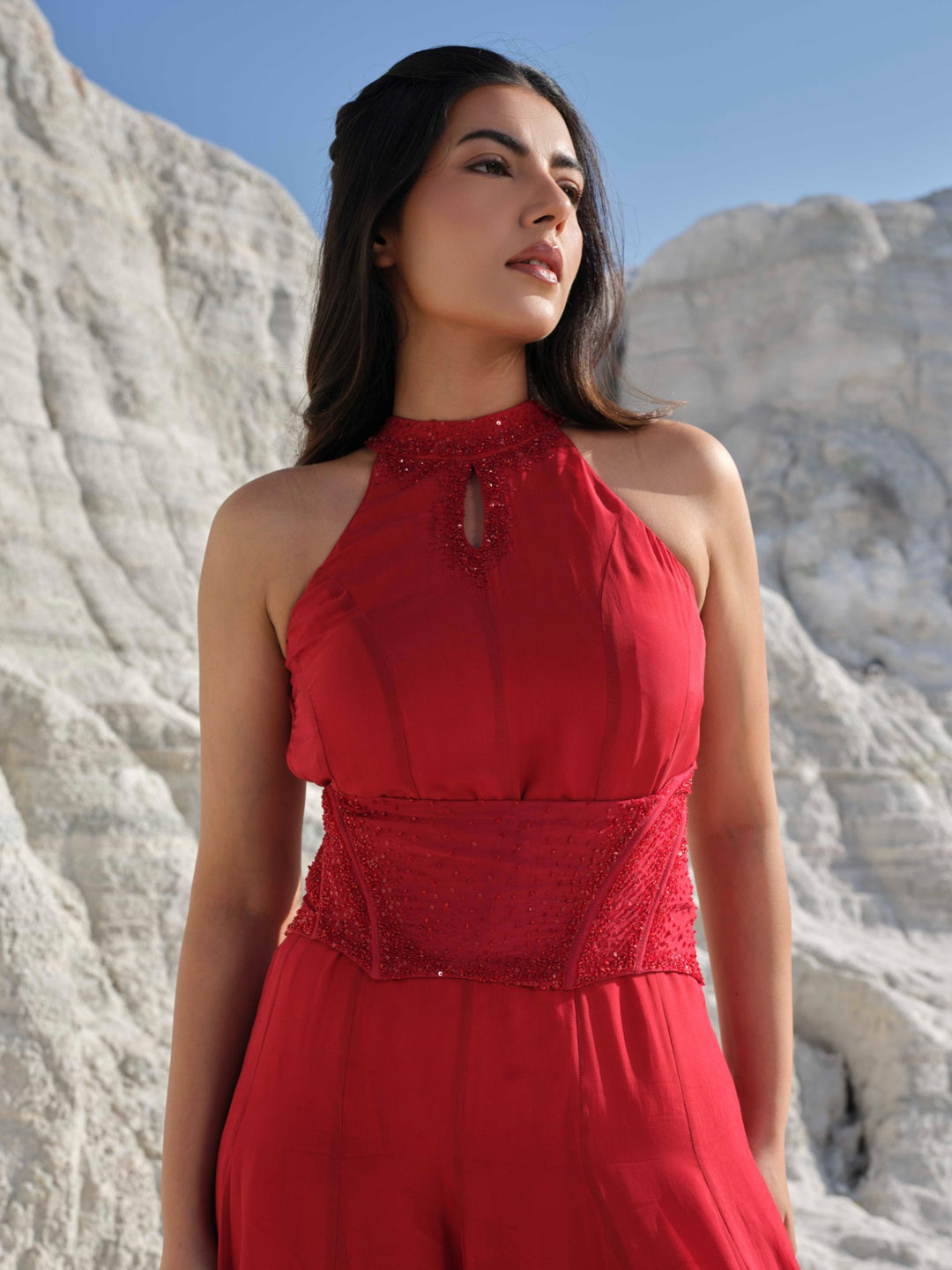 Scarlet Bloom - Red Halter Gown With Embellished Corset Belt