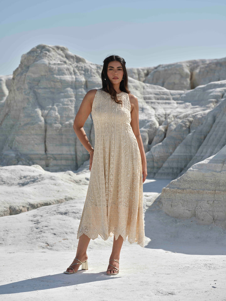 Pearl Mist  - Hand Embroidered Tea Length Dress