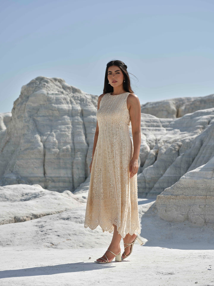 Pearl Mist  - Hand Embroidered Tea Length Dress