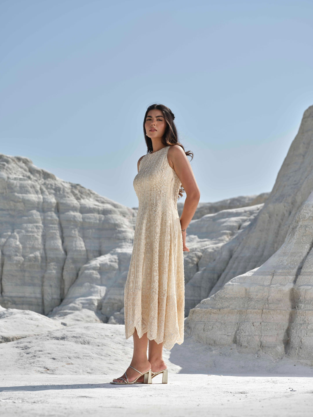 Pearl Mist  - Hand Embroidered Tea Length Dress