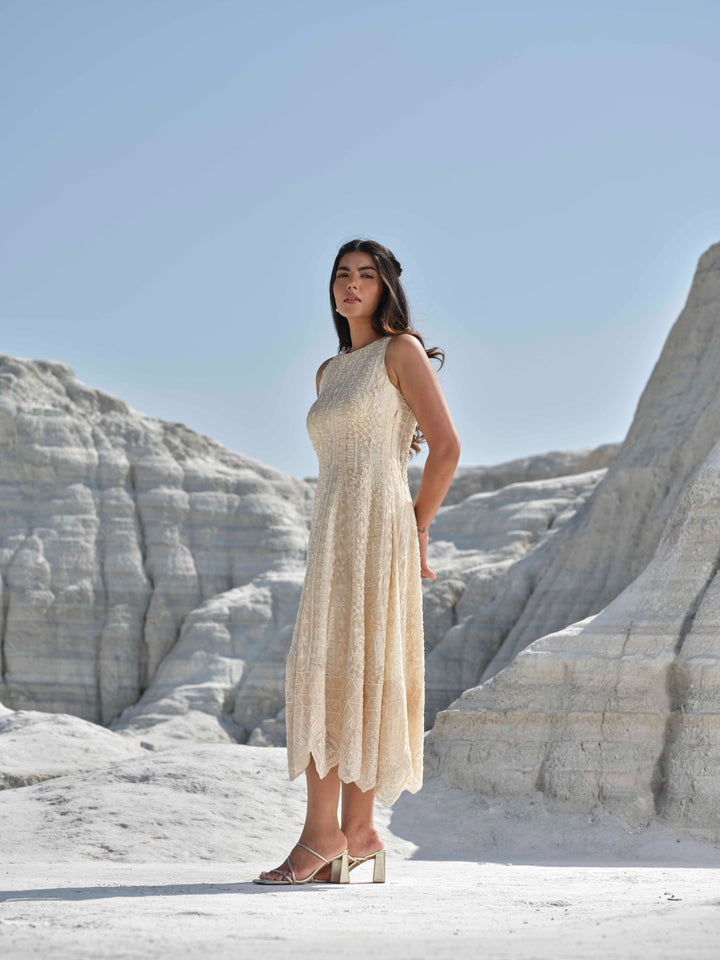 Pearl Mist  - Hand Embroidered Tea Length Dress