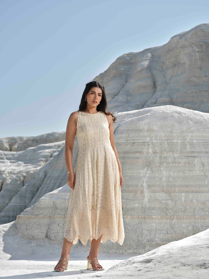 Pearl Mist  - Hand Embroidered Tea Length Dress