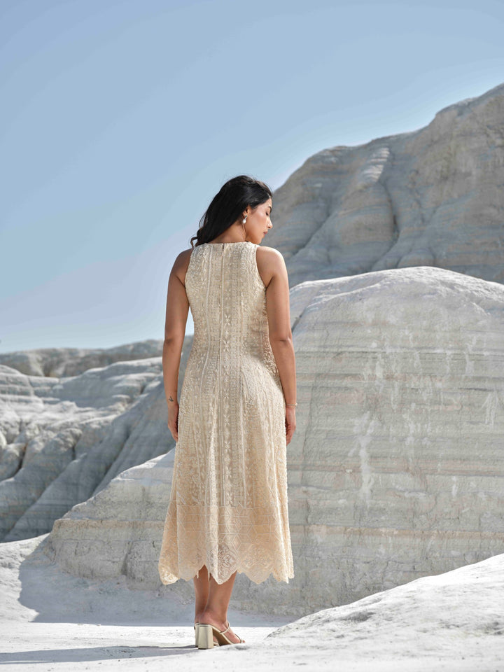 Pearl Mist  - Hand Embroidered Tea Length Dress