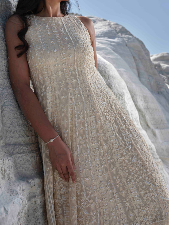 Pearl Mist  - Hand Embroidered Tea Length Dress