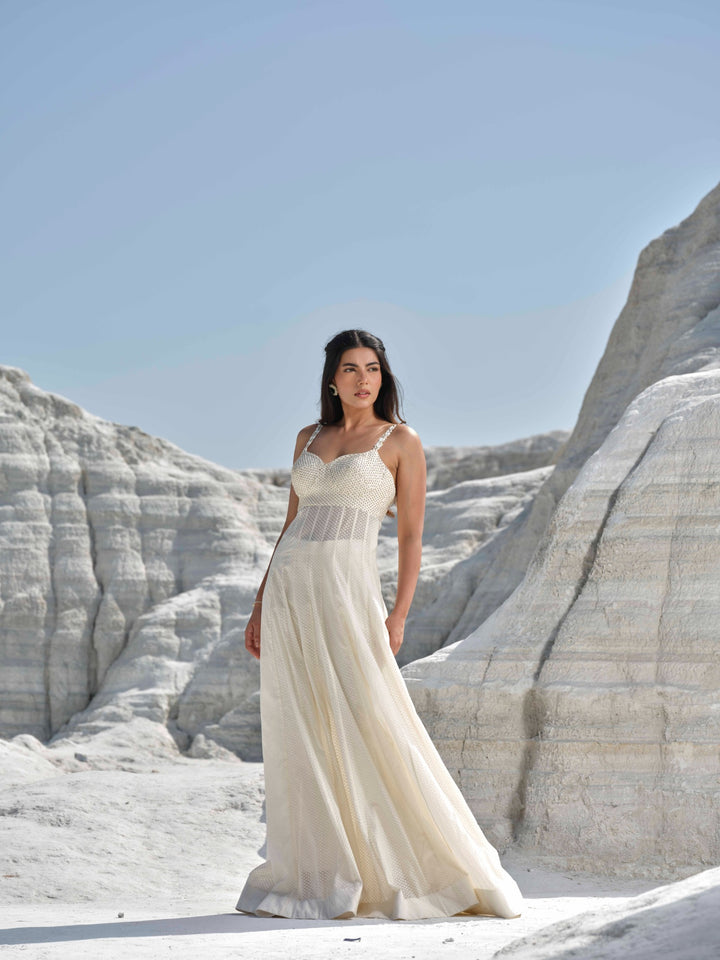Moonlit Mirage - Ivory Pearl Mesh Gown