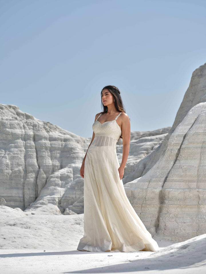 Moonlit Mirage - Ivory Pearl Mesh Gown