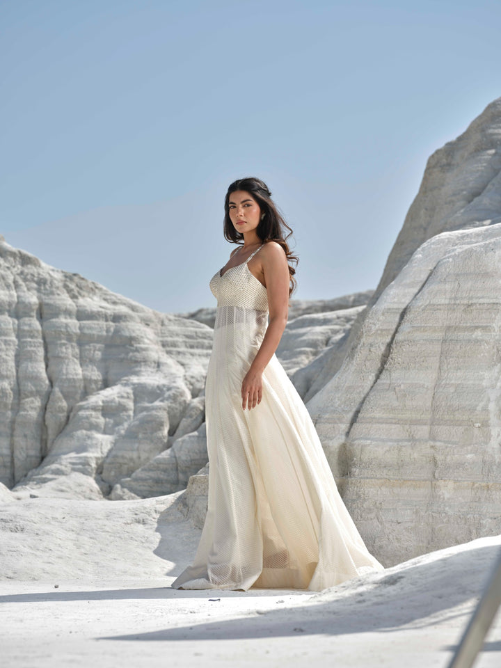 Moonlit Mirage - Ivory Pearl Mesh Gown