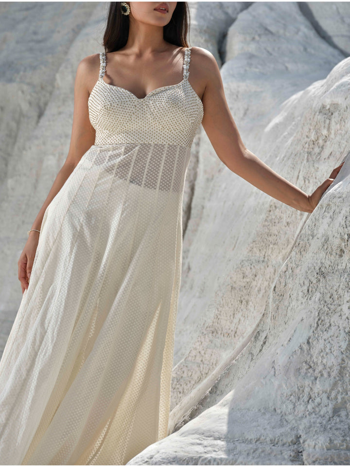 Moonlit Mirage - Ivory Pearl Mesh Gown