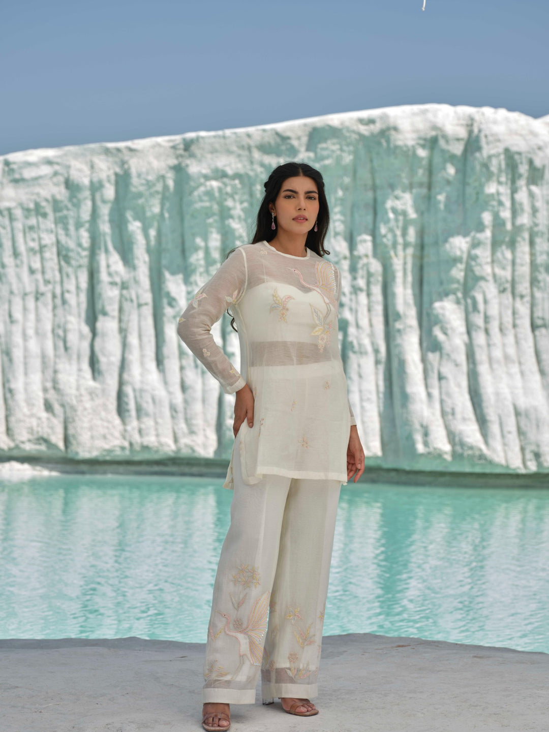 Soft Haze - Ivory Sheer embroidered Coord Set