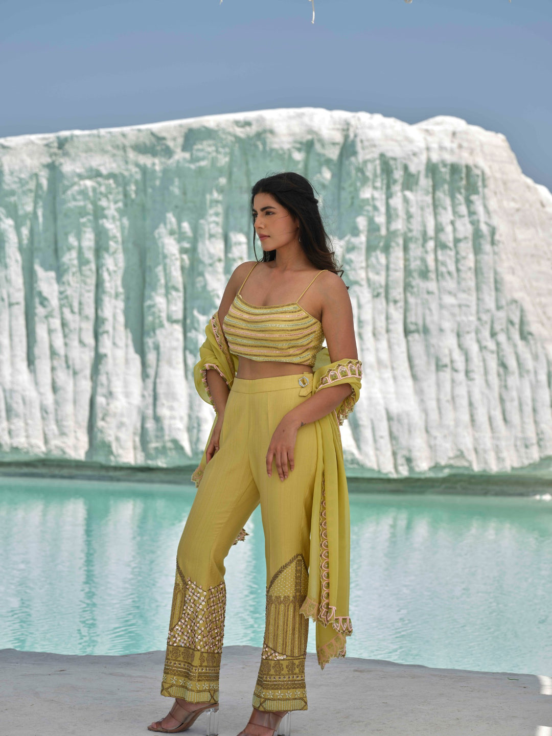 Caelia - Lime Green Coord Set With Stole